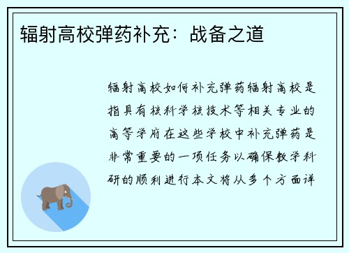 辐射高校弹药补充：战备之道